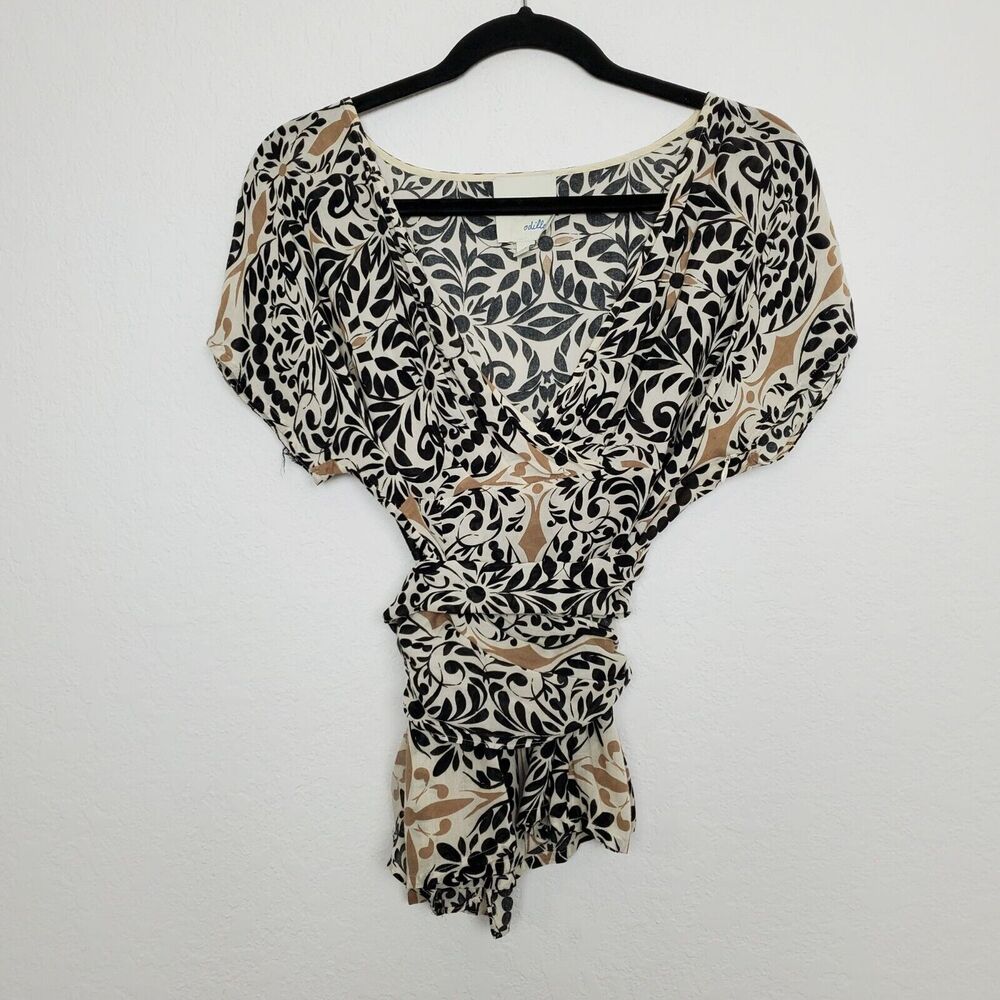 Anthropologie Odille Womens Top Size 2 Paisley Geometric V-Neck Tie Dolman FLAW